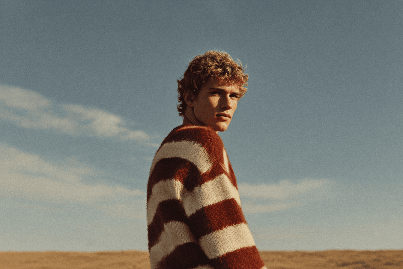 Portrait of a man in a striped knit sweater under a blue sky